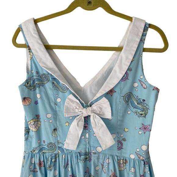Hell Bunny Pinup Retro Sea Horse Blue Bow Dress size medium - Picture 5 of 9